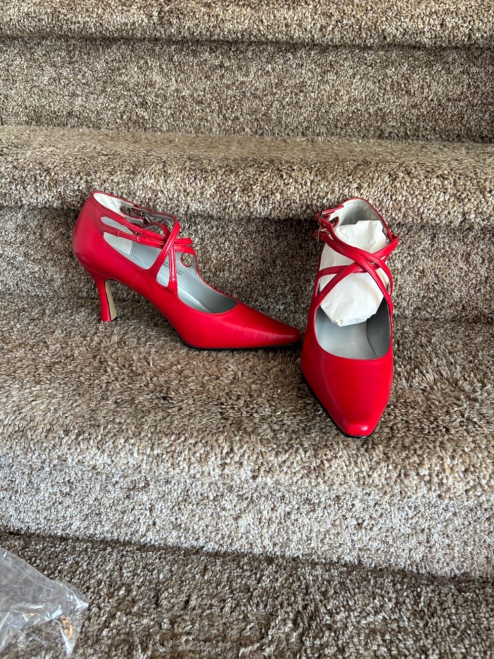 AND Red Pointed-Toe Crisscross Strap Heels